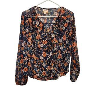 Mossimo Supply Black Blue Orange Floral Ruffle Long Sleeve Blouse Wrap Top Small